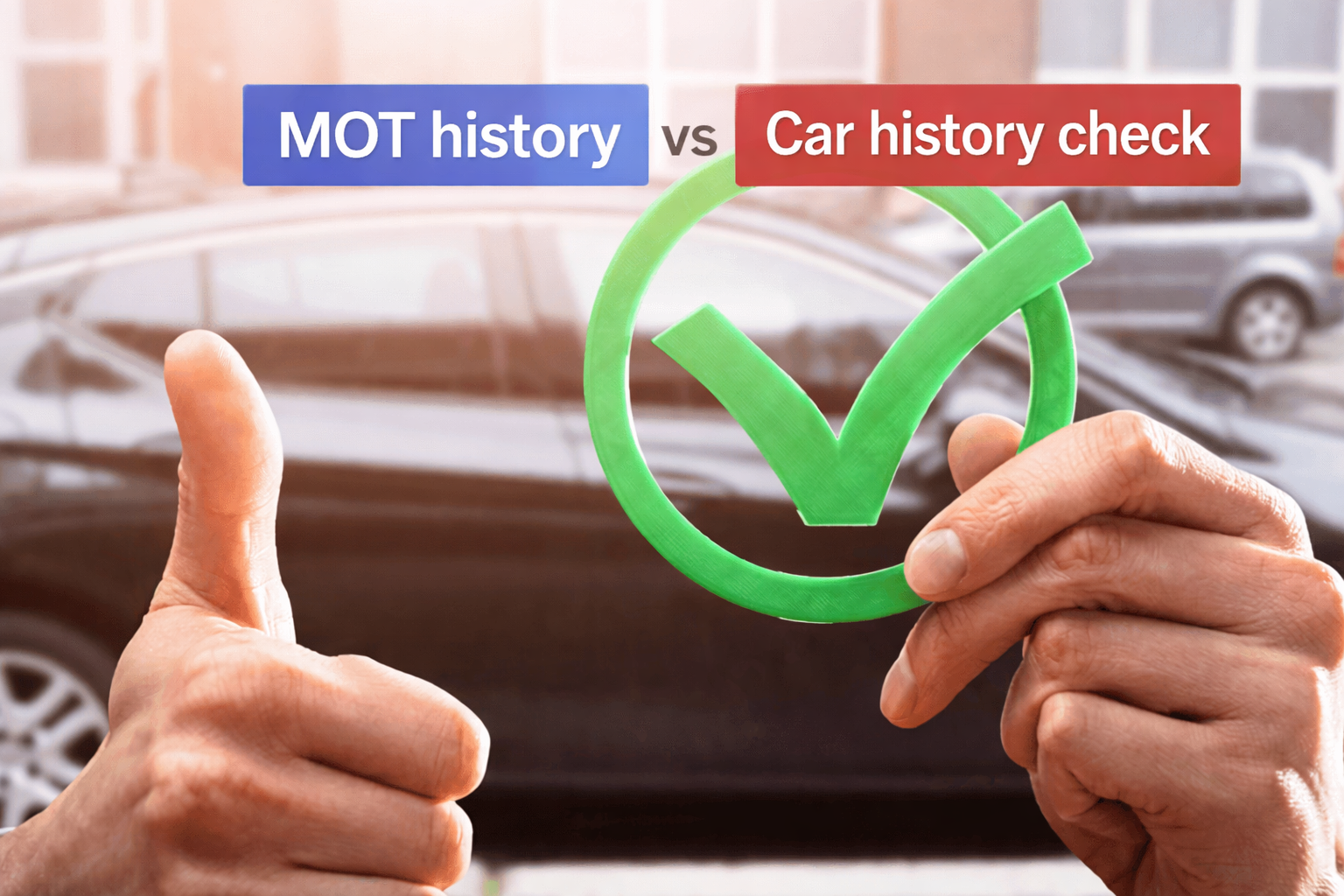 Image comparing "MOT history" vs "Car history check" with a thumbs up and a green checkmark over a blurred car.